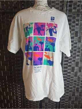 Vintage 90s 1994 Lillehammer Winter Olympics White Graphic T-Shirt Norge, Large